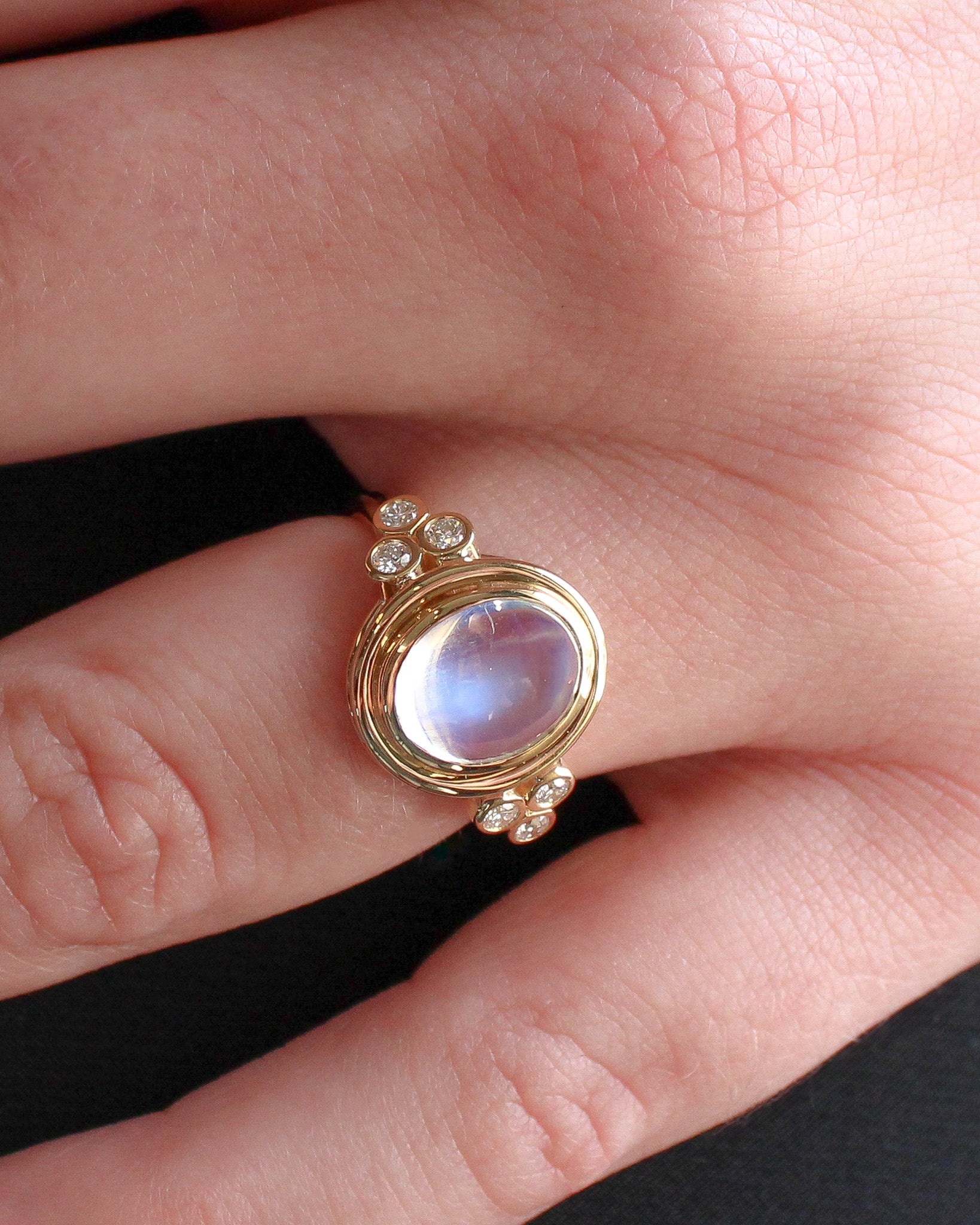 Classic Temple Ring with Blue Moonstone and Diamonds