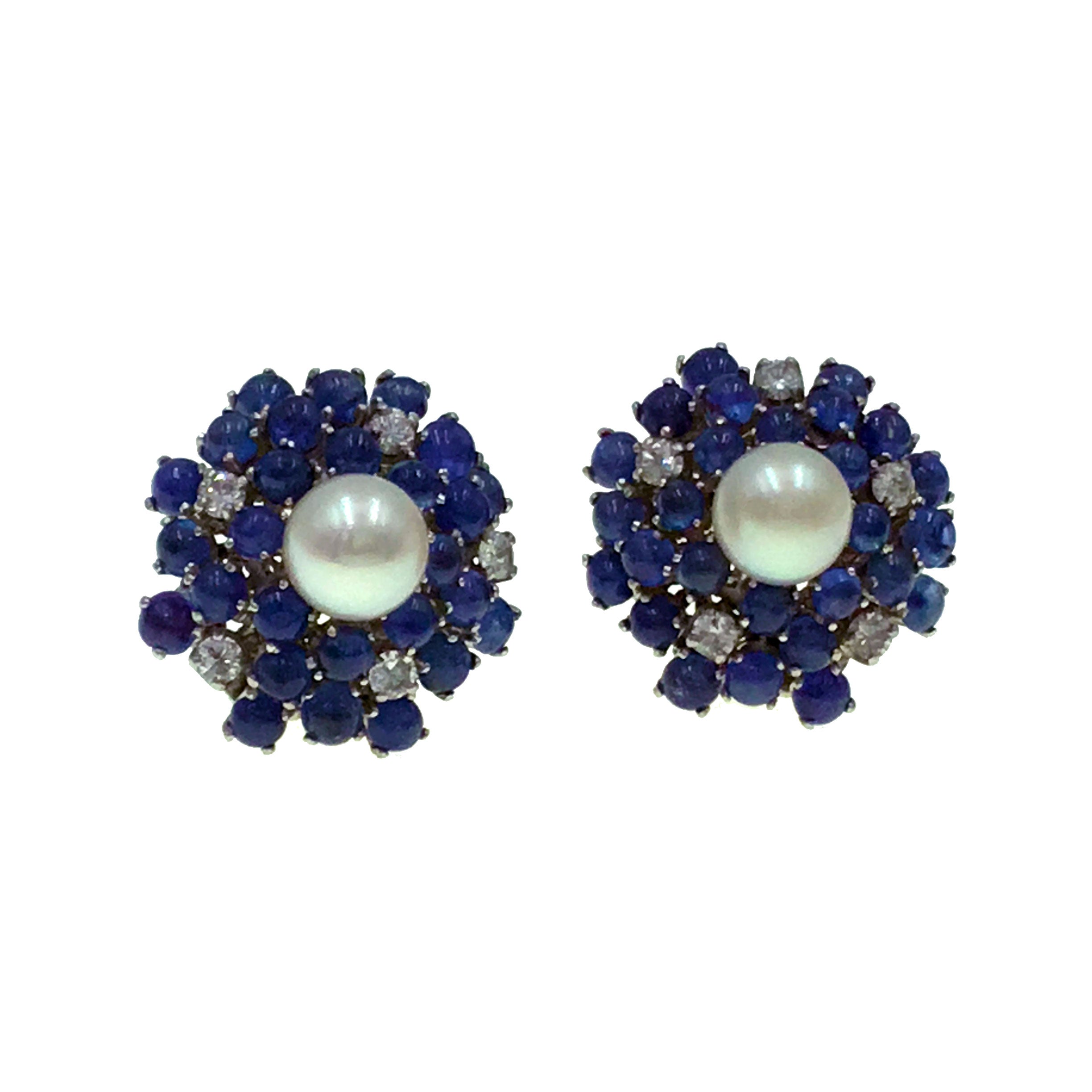 White Gold, Sapphire, Pearl and Diamond Earrings